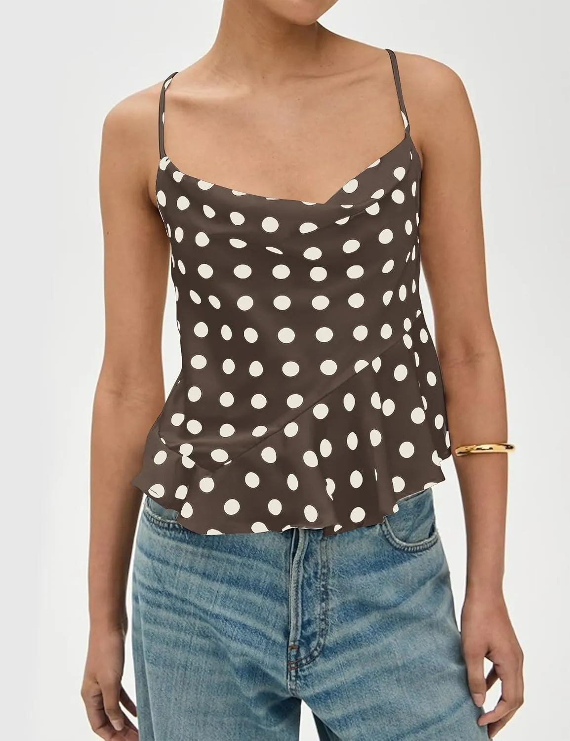 Womens Polka Dot Satin Tank Tops Cowl Neck Tie Back Sleeveless Shirts Asymmetrical Ruffle Hem Camisole Crop Tops