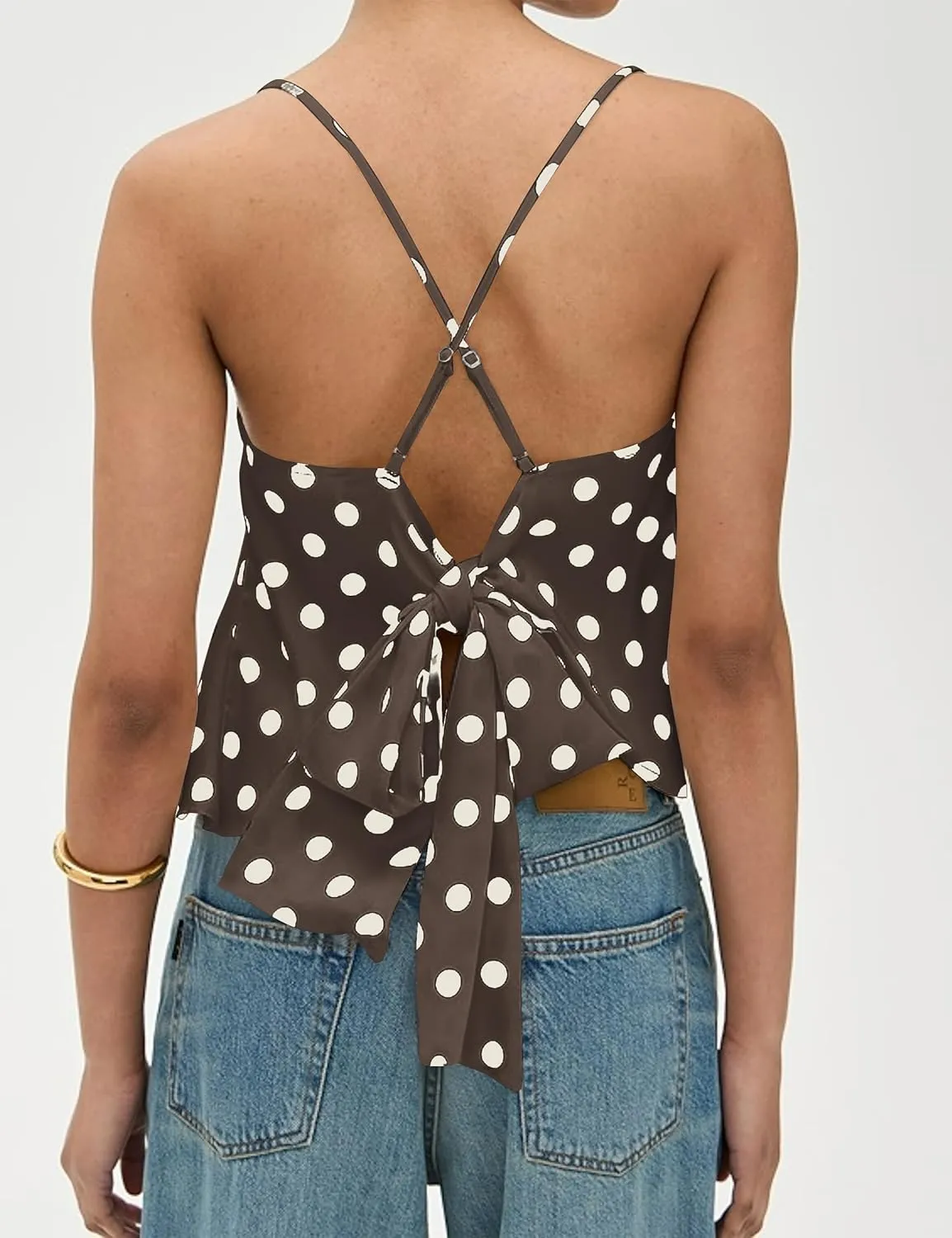 Womens Polka Dot Satin Tank Tops Cowl Neck Tie Back Sleeveless Shirts Asymmetrical Ruffle Hem Camisole Crop Tops
