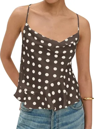 Womens Polka Dot Satin Tank Tops Cowl Neck Tie Back Sleeveless Shirts Asymmetrical Ruffle Hem Camisole Crop Tops