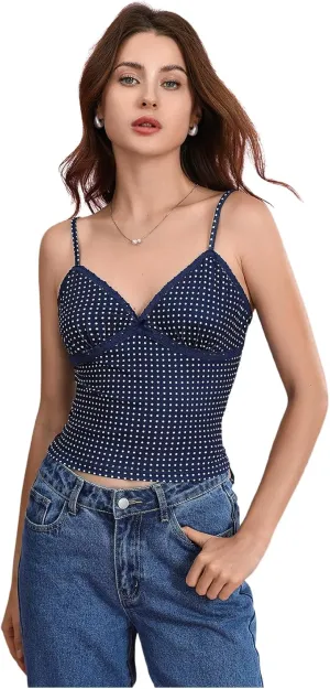 Women's Polka Dots Lace Camisoles V Neck Slim Fit Spaghetti Strap Tank Top Y2K Cami Tops