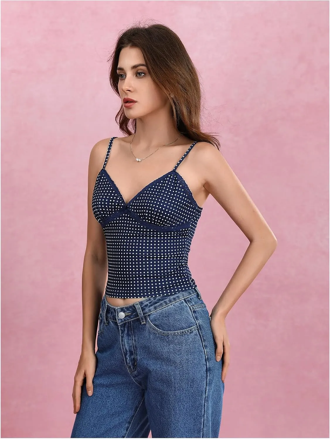 Women's Polka Dots Lace Camisoles V Neck Slim Fit Spaghetti Strap Tank Top Y2K Cami Tops