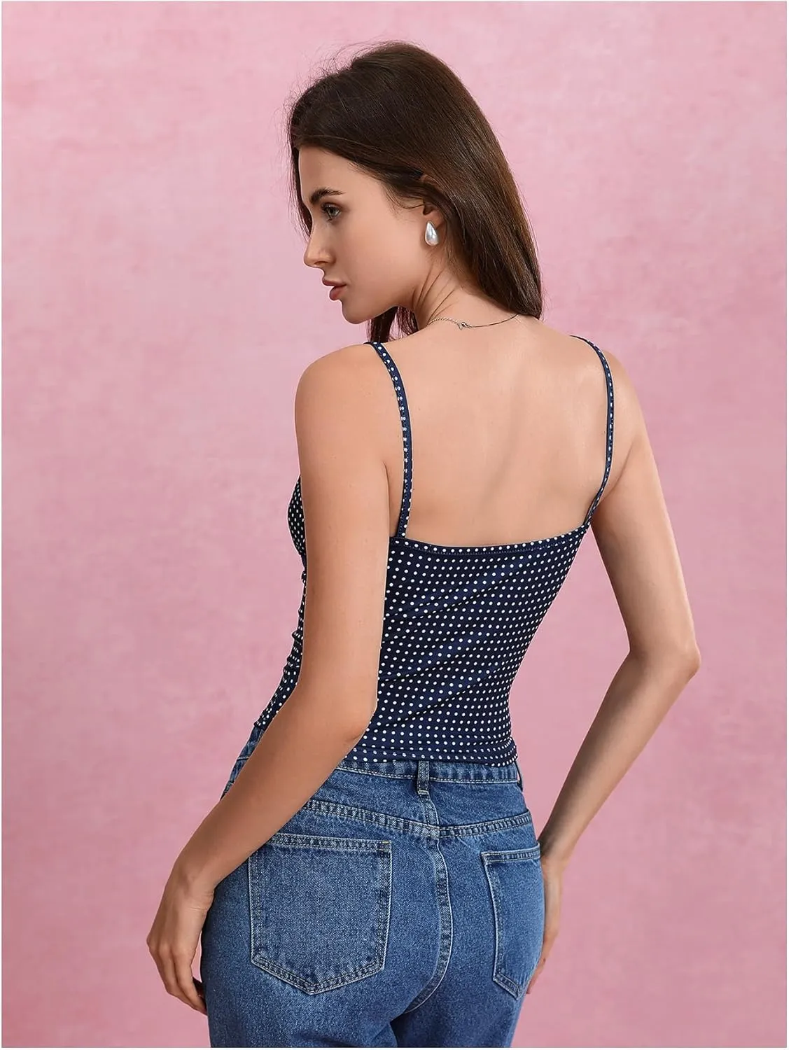 Women's Polka Dots Lace Camisoles V Neck Slim Fit Spaghetti Strap Tank Top Y2K Cami Tops