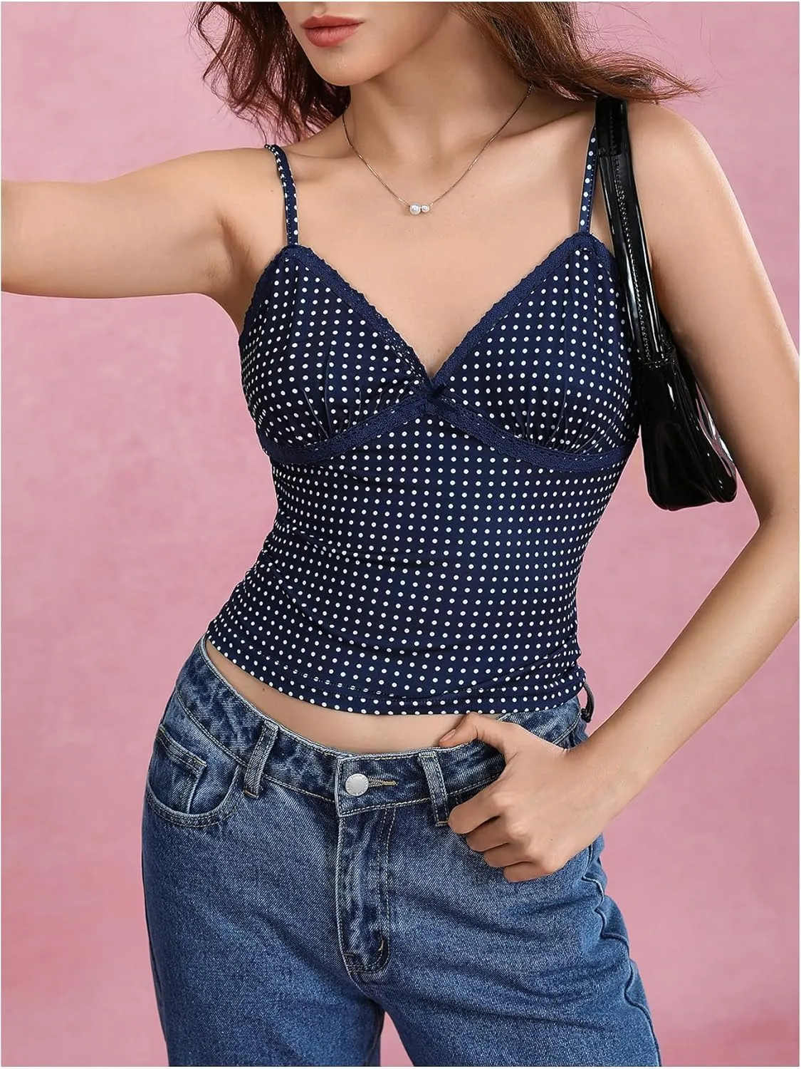Women's Polka Dots Lace Camisoles V Neck Slim Fit Spaghetti Strap Tank Top Y2K Cami Tops