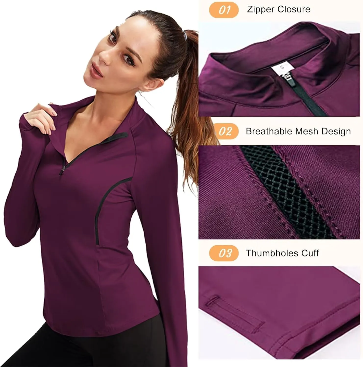Women's Quarter Zip Long Sleeve Sports Shirts Athletic Hiking Running Undershirt Workout Base Layer Tops