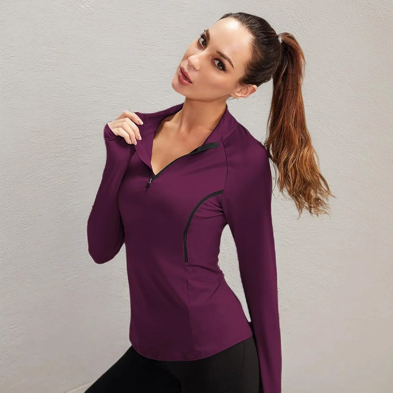 Women's Quarter Zip Long Sleeve Sports Shirts Athletic Hiking Running Undershirt Workout Base Layer Tops