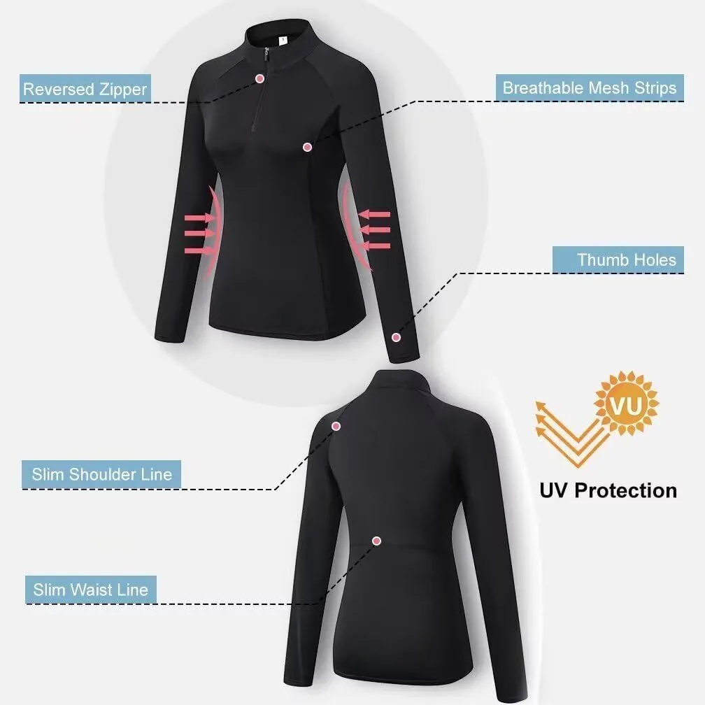 Women's Quarter Zip Long Sleeve Sports Shirts Athletic Hiking Running Undershirt Workout Base Layer Tops