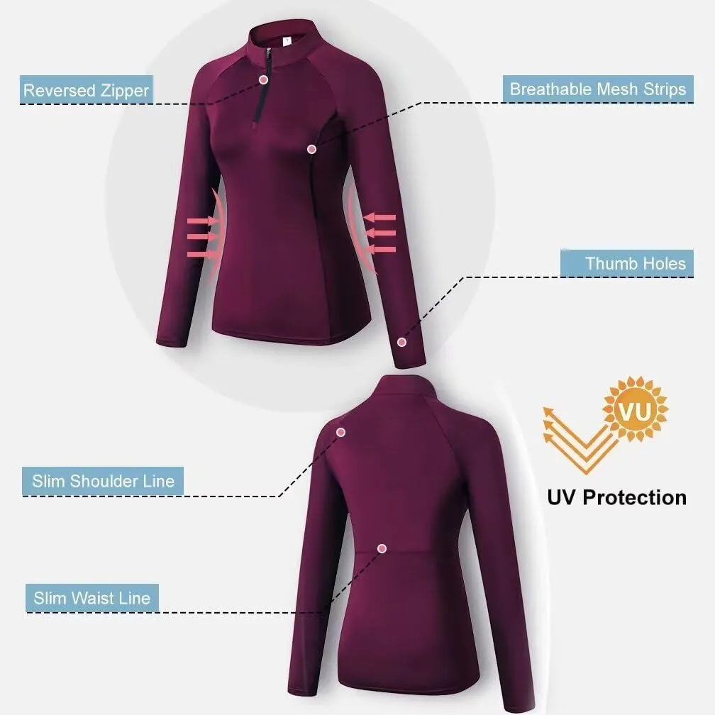 Women's Quarter Zip Long Sleeve Sports Shirts Athletic Hiking Running Undershirt Workout Base Layer Tops