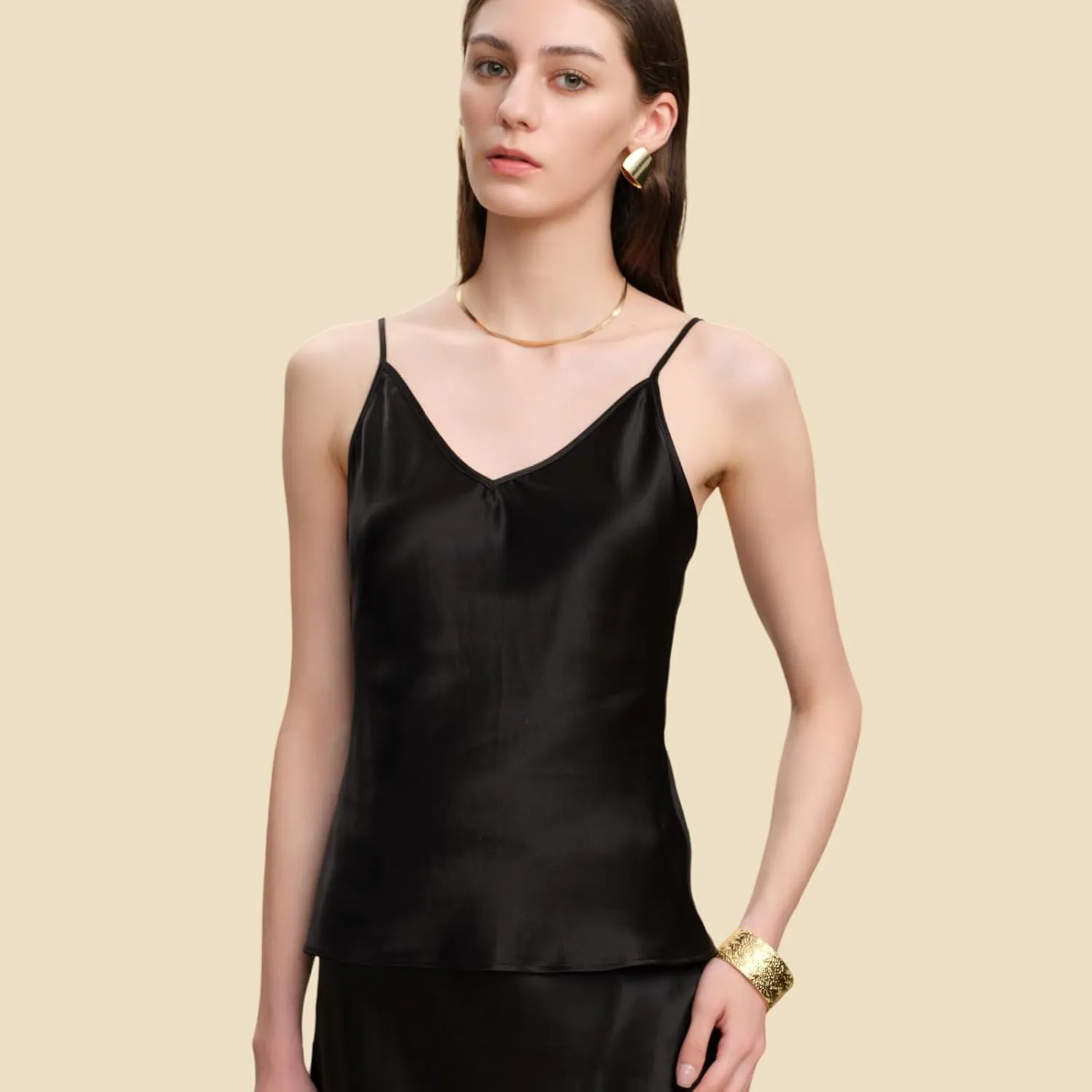 Womens Silk Camisole 19MM Pure Mulberry Silk Charmeuse Tank Tops Summer Sexy V Neck Basic Sleeveless Blouse