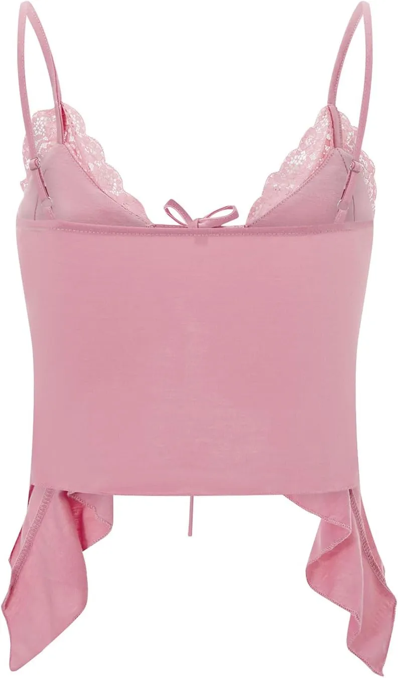 Women's Sleeveless Lace Trim V-Neck Tie Up Camisoles Spaghetti Straps Ruffle Y2K Bustier Tops