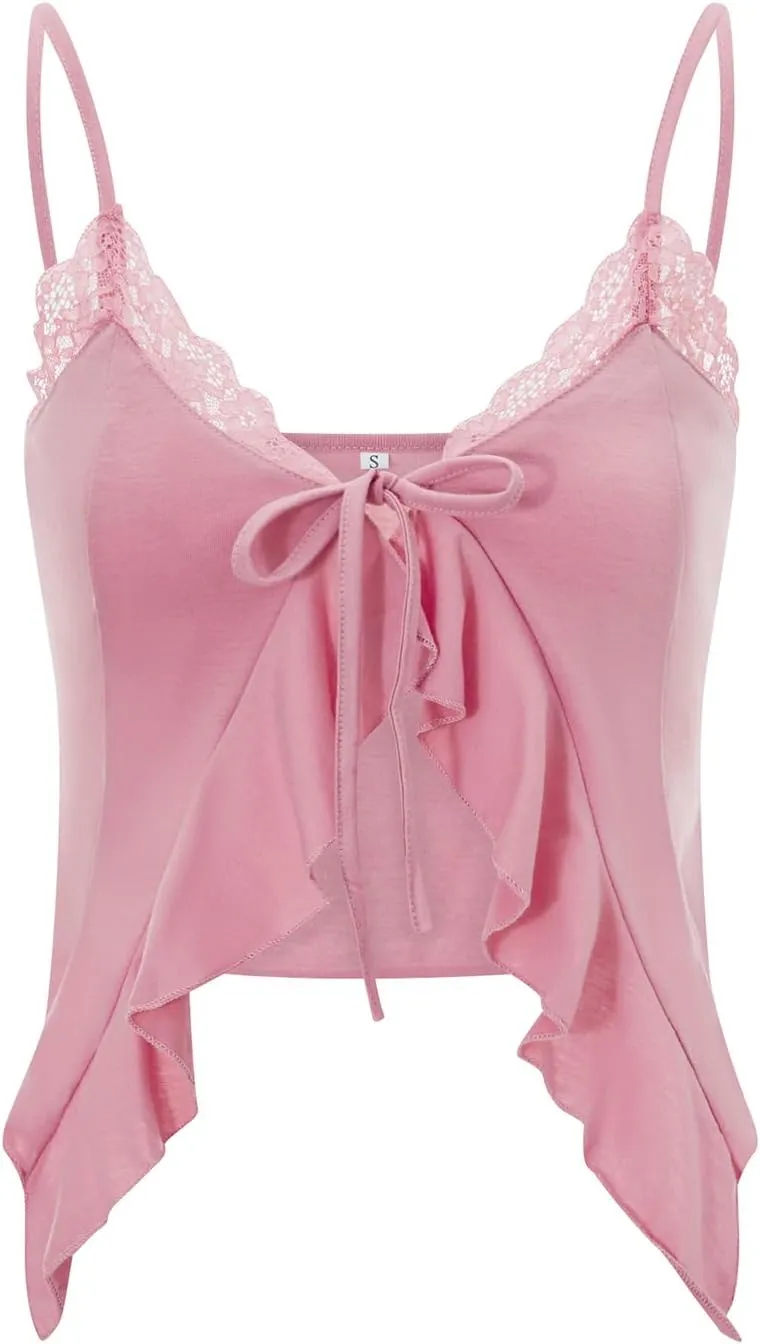Women's Sleeveless Lace Trim V-Neck Tie Up Camisoles Spaghetti Straps Ruffle Y2K Bustier Tops