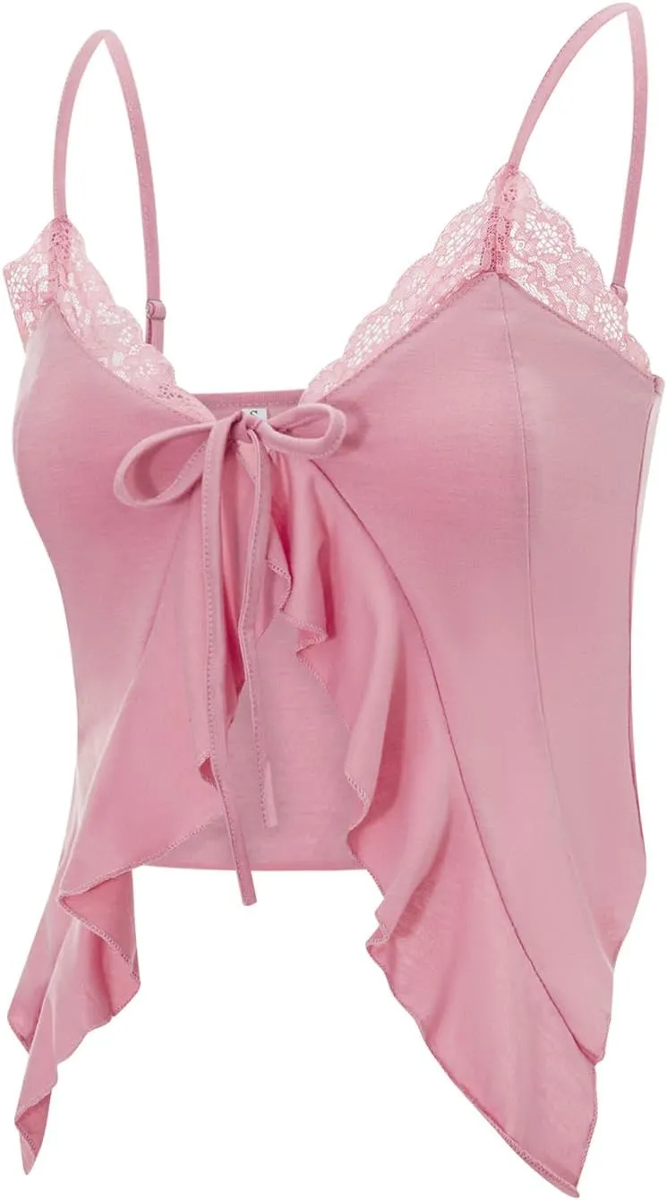 Women's Sleeveless Lace Trim V-Neck Tie Up Camisoles Spaghetti Straps Ruffle Y2K Bustier Tops