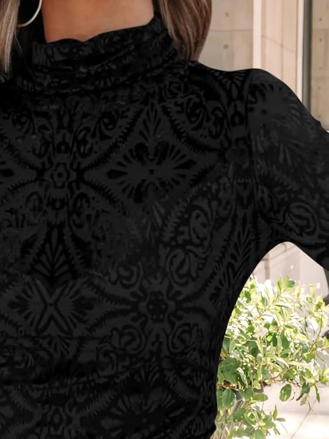 Womens Slim Fit Velvet Burnout Top - Mockneck Long Sleeve Semi See Through Blouse Elegant Shirt for Party/Date/Night Out