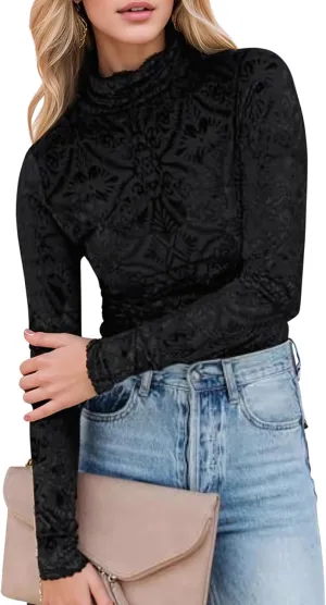 Womens Slim Fit Velvet Burnout Top - Mockneck Long Sleeve Semi See Through Blouse Elegant Shirt for Party/Date/Night Out