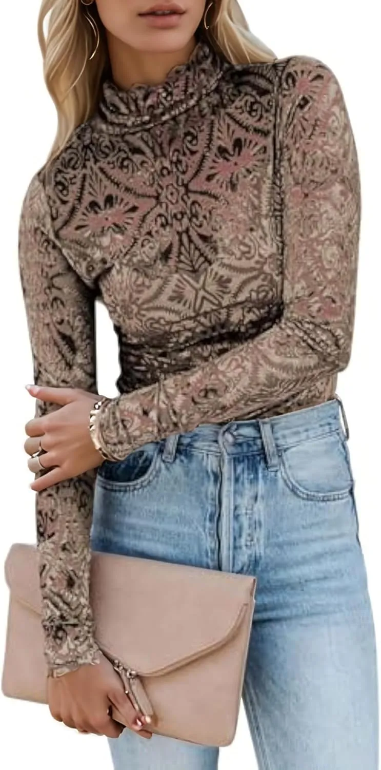 Womens Slim Fit Velvet Burnout Top - Mockneck Long Sleeve Semi See Through Blouse Elegant Shirt for Party/Date/Night Out
