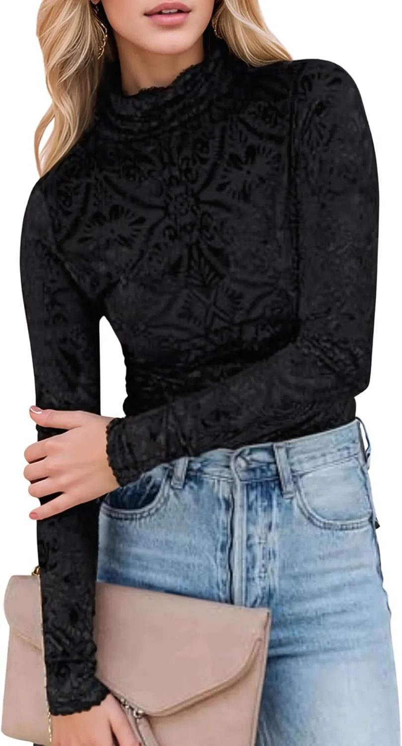 Womens Slim Fit Velvet Burnout Top - Mockneck Long Sleeve Semi See Through Blouse Elegant Shirt for Party/Date/Night Out