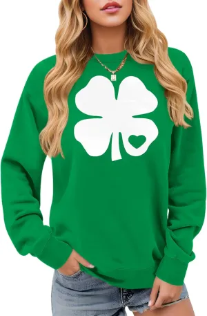 Womens St Patricks Long Sleeve Shirt Shamrock Graphic Irish Crewneck Sweatshirts