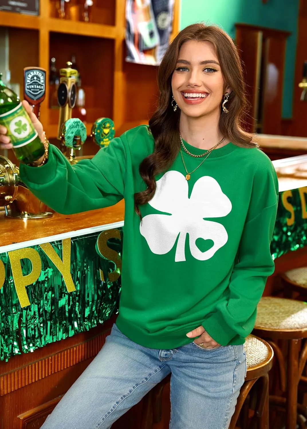 Womens St Patricks Long Sleeve Shirt Shamrock Graphic Irish Crewneck Sweatshirts