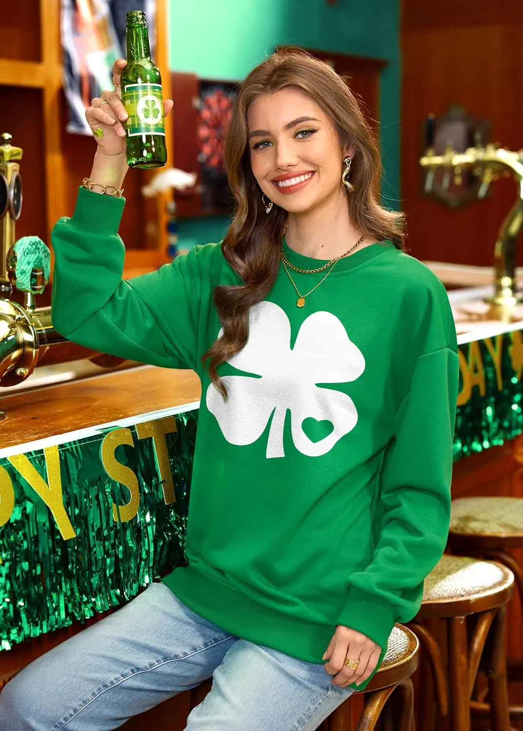 Womens St Patricks Long Sleeve Shirt Shamrock Graphic Irish Crewneck Sweatshirts