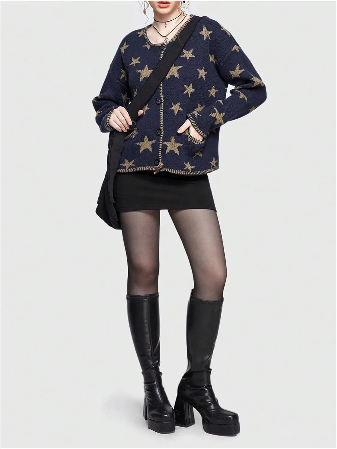 Women's Star Pattern Cardigan Round Neck Button Down Long Sleeve Cardigan Coat Casual Sweater Top with Pocket