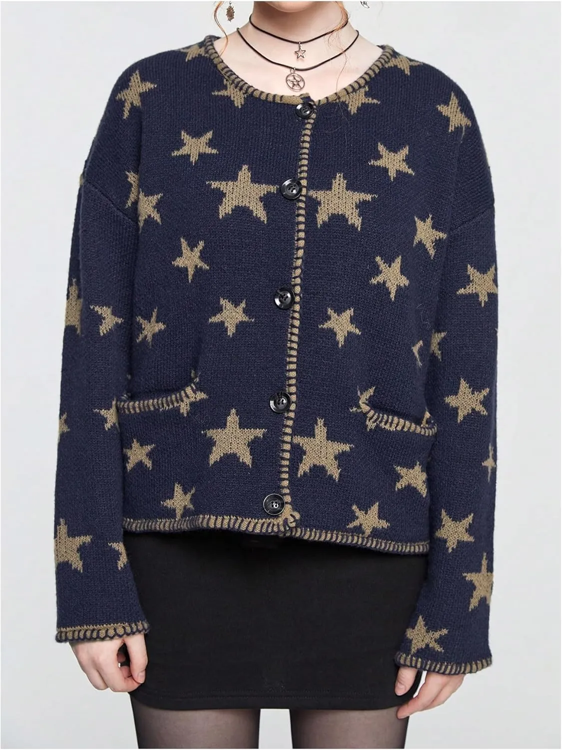 Women's Star Pattern Cardigan Round Neck Button Down Long Sleeve Cardigan Coat Casual Sweater Top with Pocket