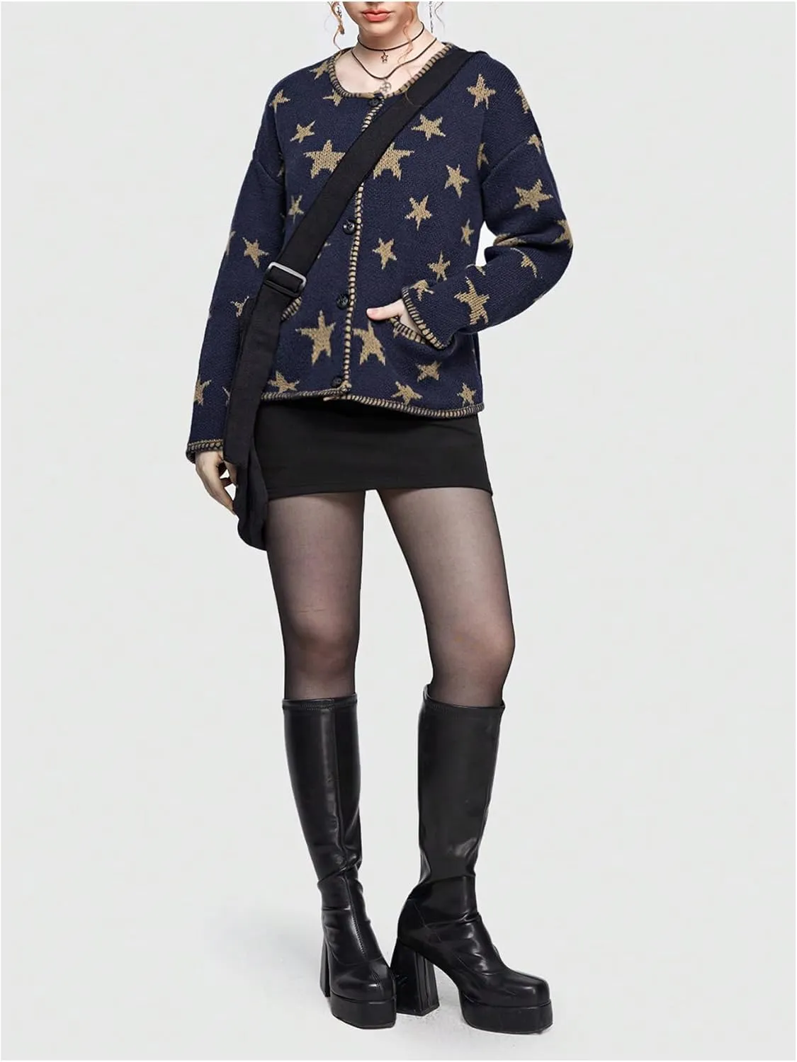 Women's Star Pattern Cardigan Round Neck Button Down Long Sleeve Cardigan Coat Casual Sweater Top with Pocket