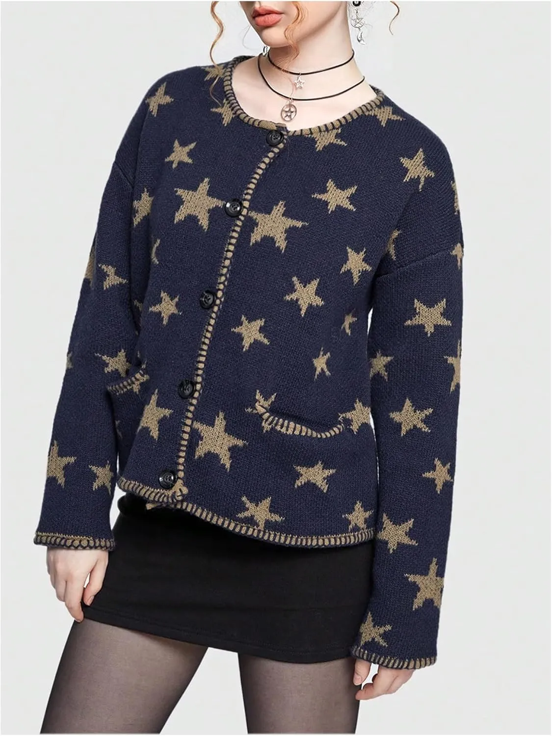 Women's Star Pattern Cardigan Round Neck Button Down Long Sleeve Cardigan Coat Casual Sweater Top with Pocket