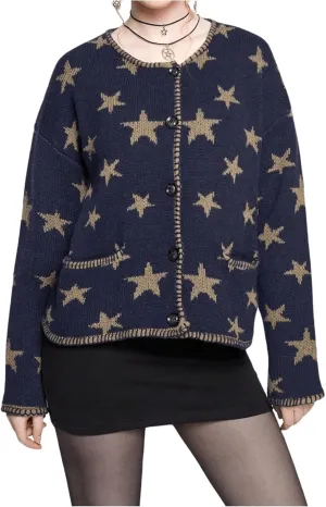 Women's Star Pattern Cardigan Round Neck Button Down Long Sleeve Cardigan Coat Casual Sweater Top with Pocket