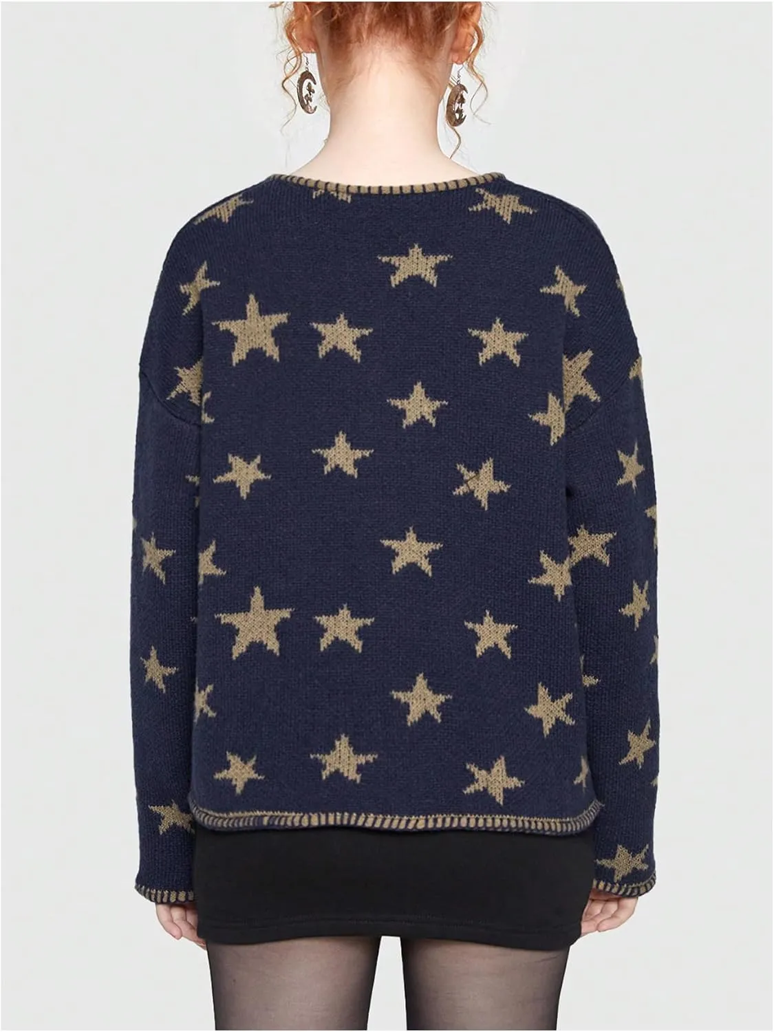 Women's Star Pattern Cardigan Round Neck Button Down Long Sleeve Cardigan Coat Casual Sweater Top with Pocket