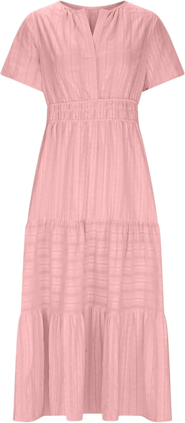 Womens Summer 2025 Casual Midi Dresses Lightweight Short Sleeve V Neck Elastic Waist Boho Beach Dress with Pockets