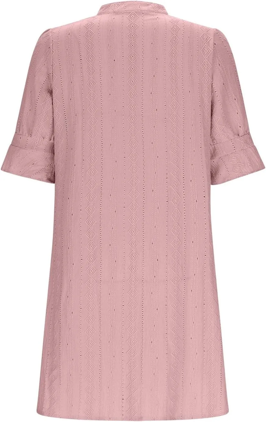 Womens Summer V Neck Dress Short Sleeve Smocked Work Mini Dresses Casual Loose Beach Vacation A-Line Short Dress