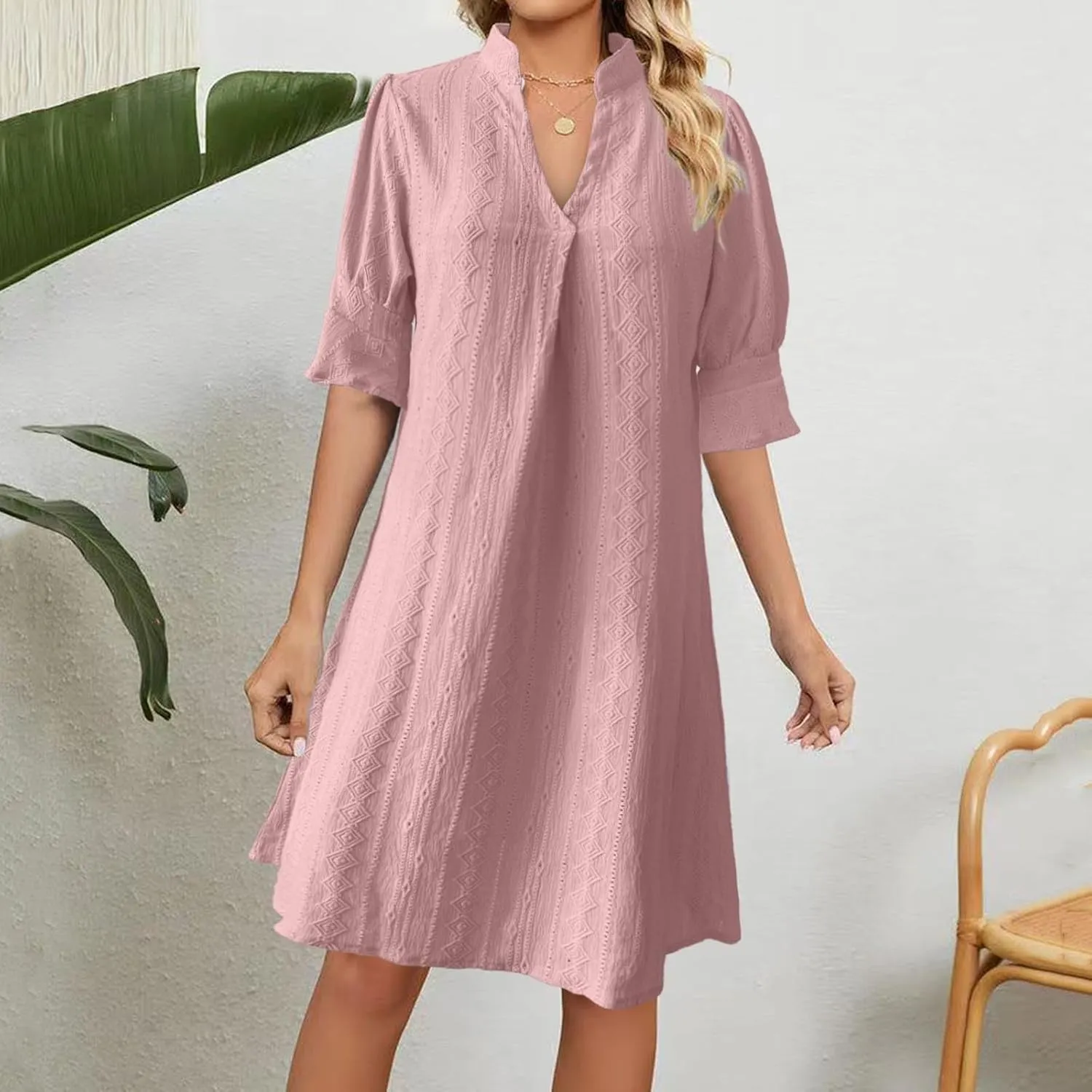 Womens Summer V Neck Dress Short Sleeve Smocked Work Mini Dresses Casual Loose Beach Vacation A-Line Short Dress
