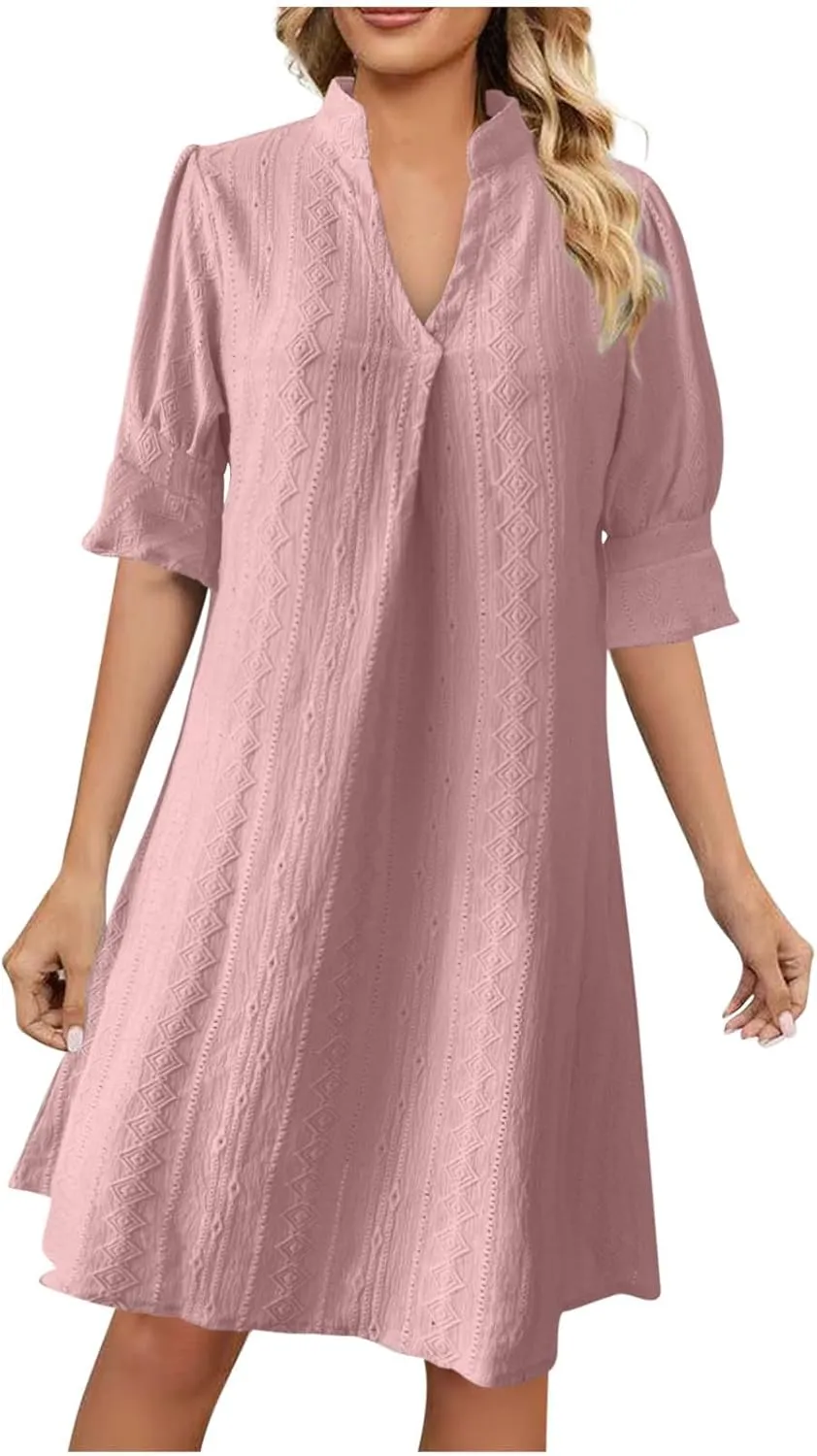 Womens Summer V Neck Dress Short Sleeve Smocked Work Mini Dresses Casual Loose Beach Vacation A-Line Short Dress