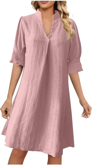 Womens Summer V Neck Dress Short Sleeve Smocked Work Mini Dresses Casual Loose Beach Vacation A-Line Short Dress