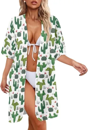 Women's Swimwear Cover Ups Chiffon Kimono Cardigan Loose Half Sleeve Bathing Suit Beach Coverups
