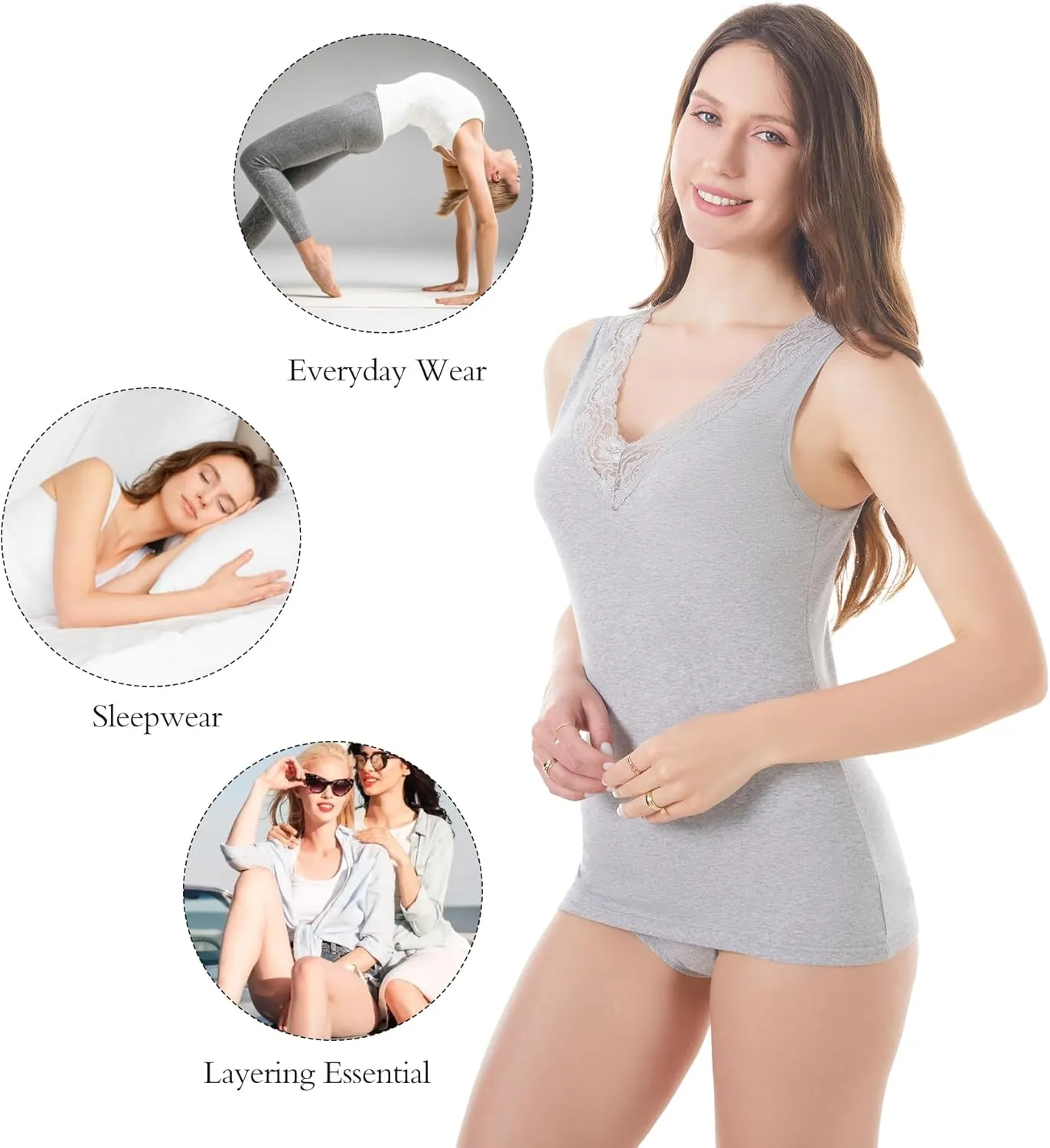 Womens Tank Top Camisoles with Premium Cotton Italian Design - Trimmed with Flower Lace on Neckline