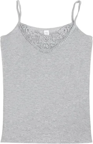 Womens Tank Top Camisoles with Premium Cotton Italian Design - Trimmed with Flower Lace on Neckline