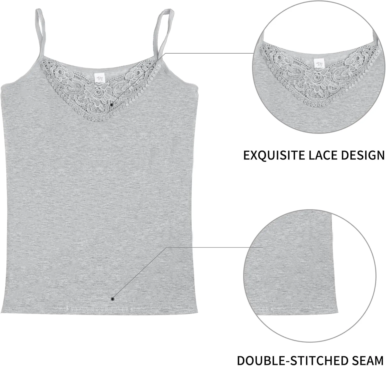 Womens Tank Top Camisoles with Premium Cotton Italian Design - Trimmed with Flower Lace on Neckline