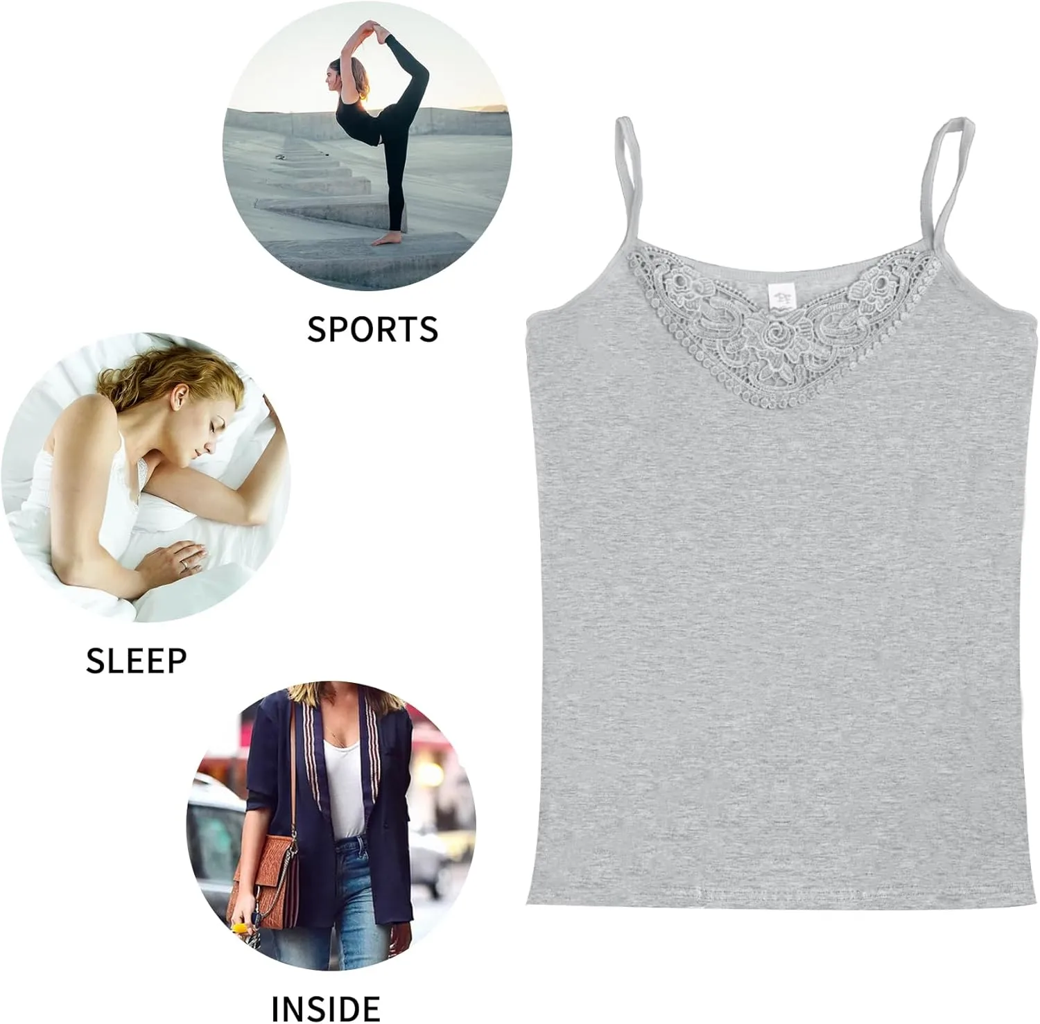 Womens Tank Top Camisoles with Premium Cotton Italian Design - Trimmed with Flower Lace on Neckline