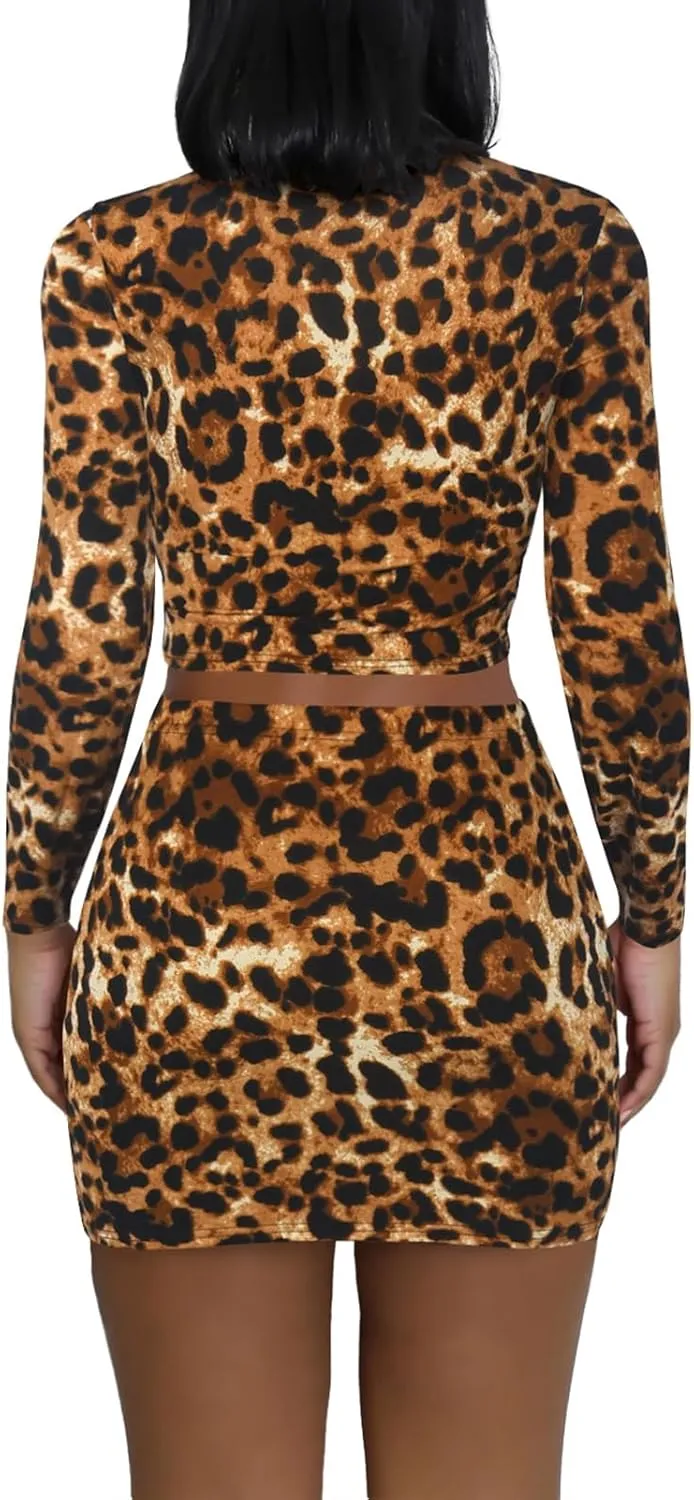 Women's Two Piece Skirt Sets - Long Sleeve Crop Tops and High Waisted Mini Y2K Bodycon Pencil Skorts Skirts with Shorts