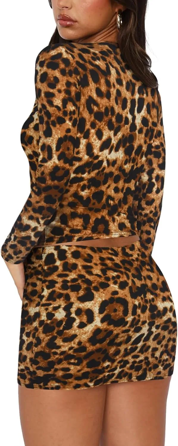Women's Two Piece Skirt Sets - Long Sleeve Crop Tops and High Waisted Mini Y2K Bodycon Pencil Skorts Skirts with Shorts