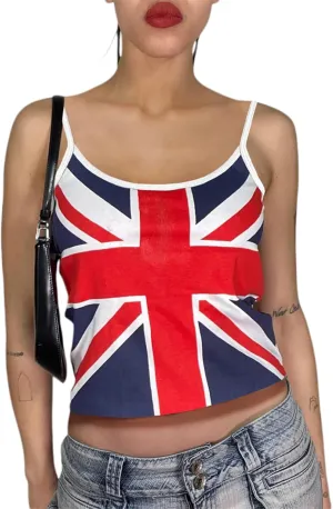Women's Union Jack Print Camisole Y2k Summer Sleeveless Backless Spaghetti Strap Slim Fit Cami Tank Tops