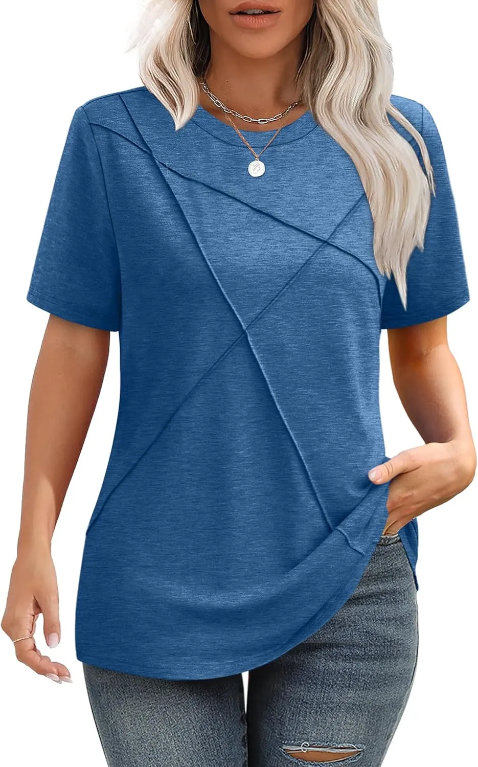 XIEERDUO Womens Summer Tops 2025 Pleated Round Neck Short Sleeve Shirts Business Casual