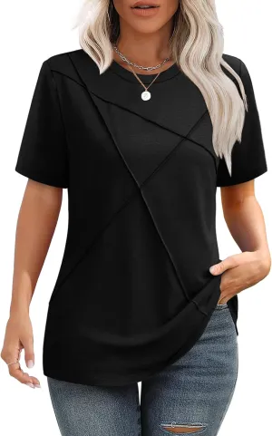 XIEERDUO Womens Summer Tops 2025 Pleated Round Neck Short Sleeve Shirts Business Casual