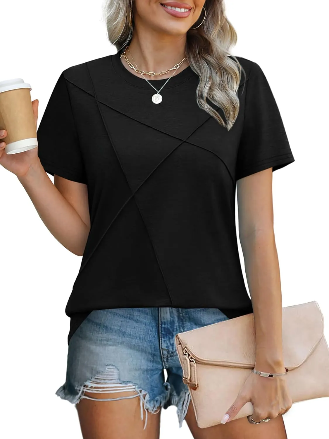 XIEERDUO Womens Summer Tops 2025 Pleated Round Neck Short Sleeve Shirts Business Casual