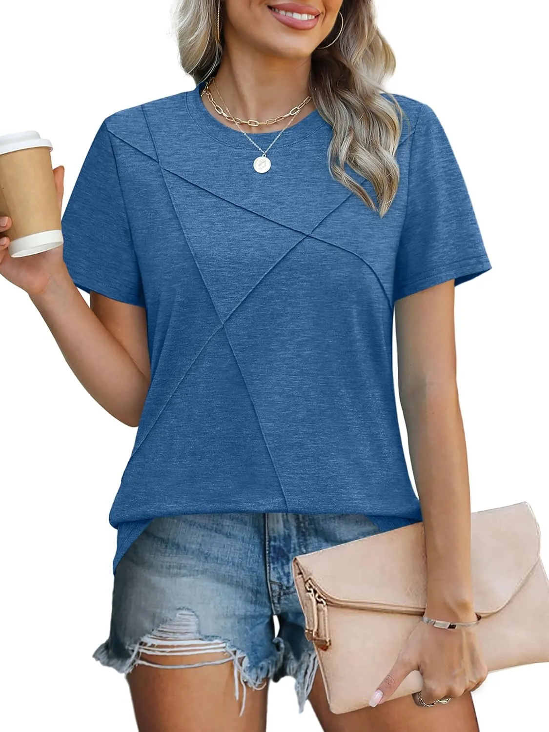XIEERDUO Womens Summer Tops 2025 Pleated Round Neck Short Sleeve Shirts Business Casual