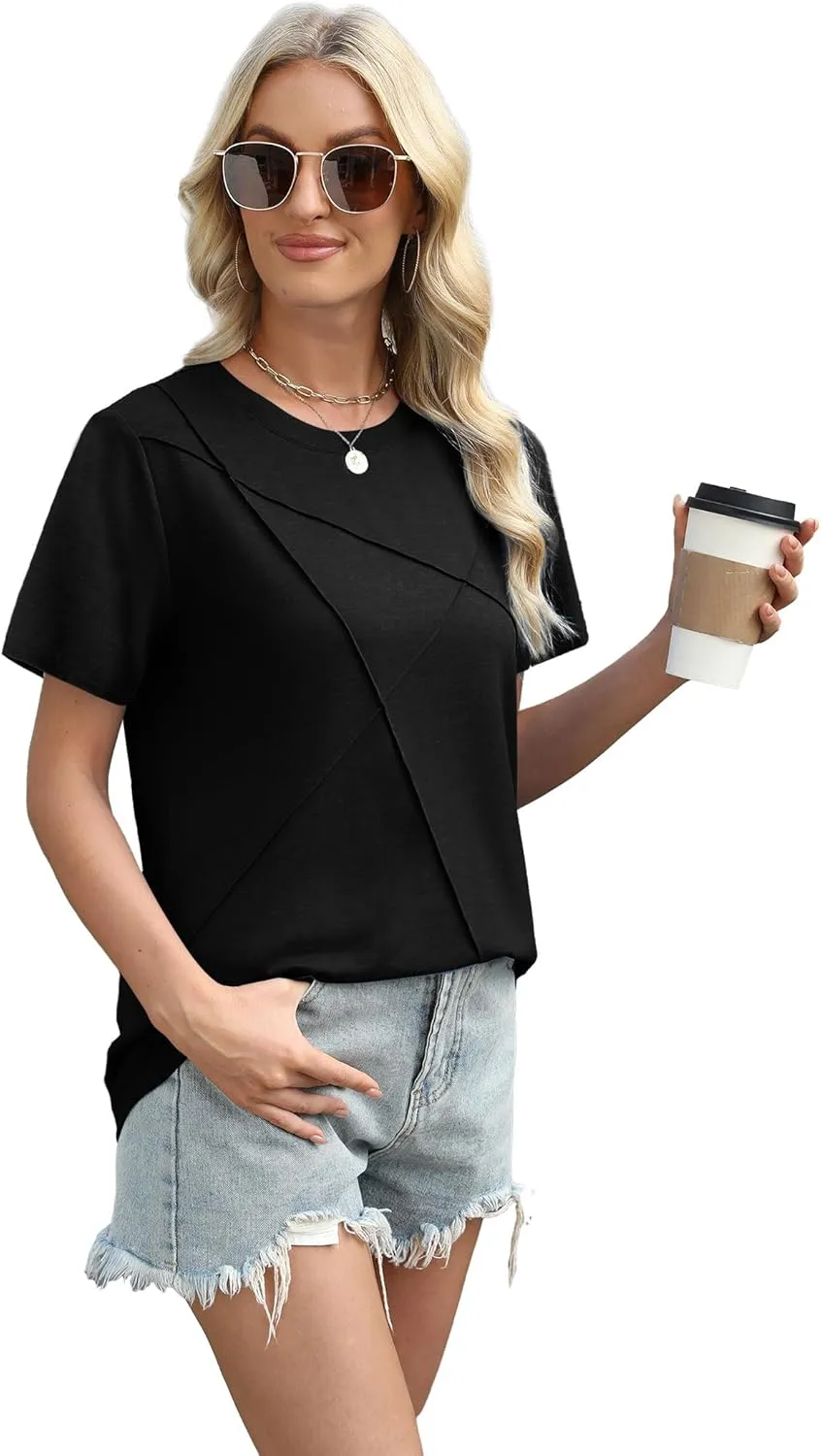 XIEERDUO Womens Summer Tops 2025 Pleated Round Neck Short Sleeve Shirts Business Casual