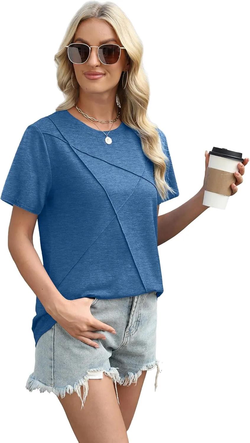 XIEERDUO Womens Summer Tops 2025 Pleated Round Neck Short Sleeve Shirts Business Casual
