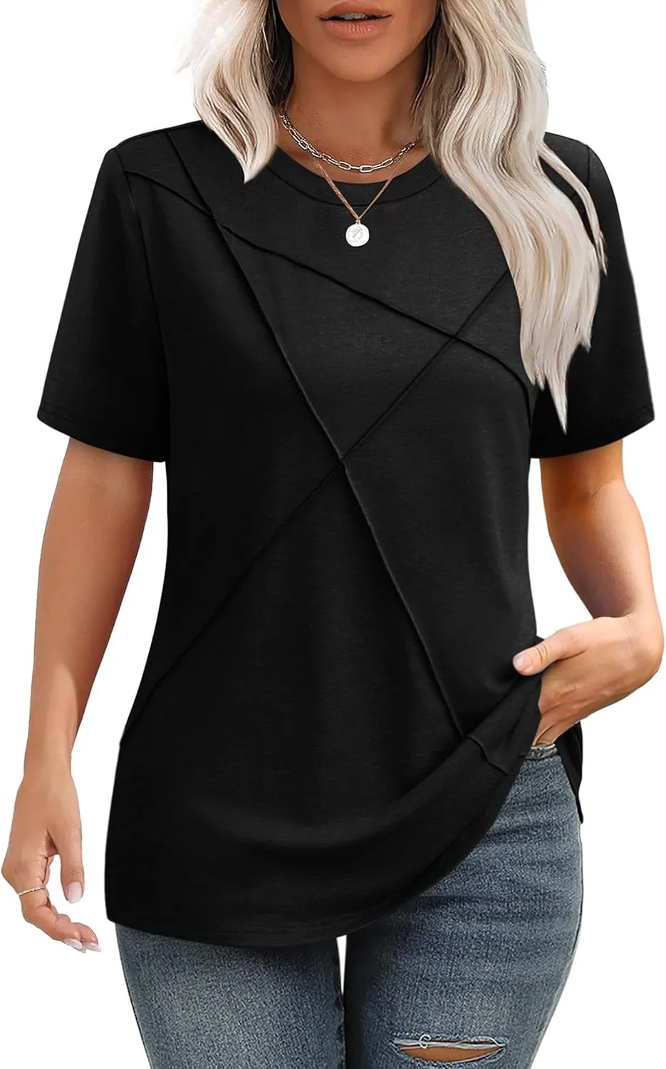 XIEERDUO Womens Summer Tops 2025 Pleated Round Neck Short Sleeve Shirts Business Casual