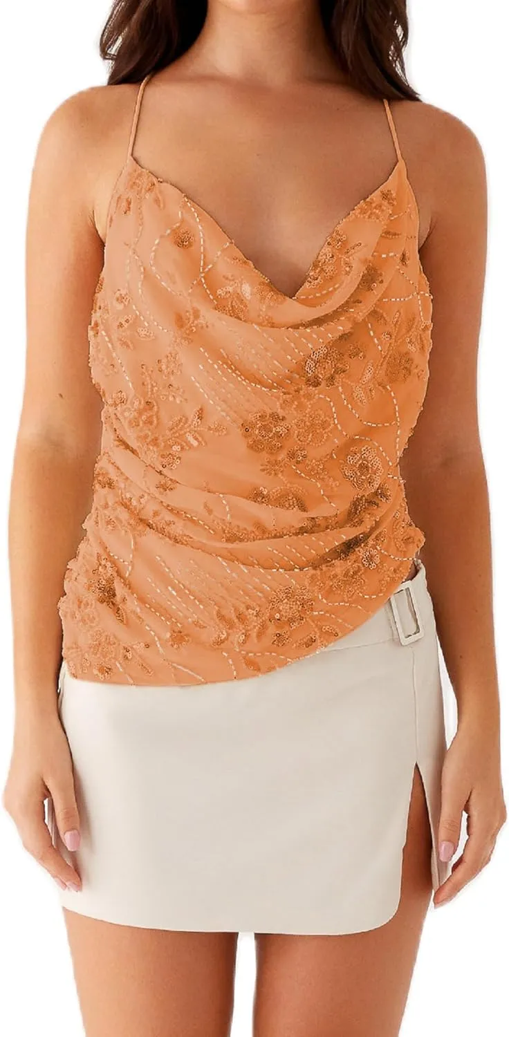 Y2K Halter Sequin Sparkly Tops for Women Cute Backless Rhinestone Pearl Camisole Low Cut Sleeveless Going Out Tops