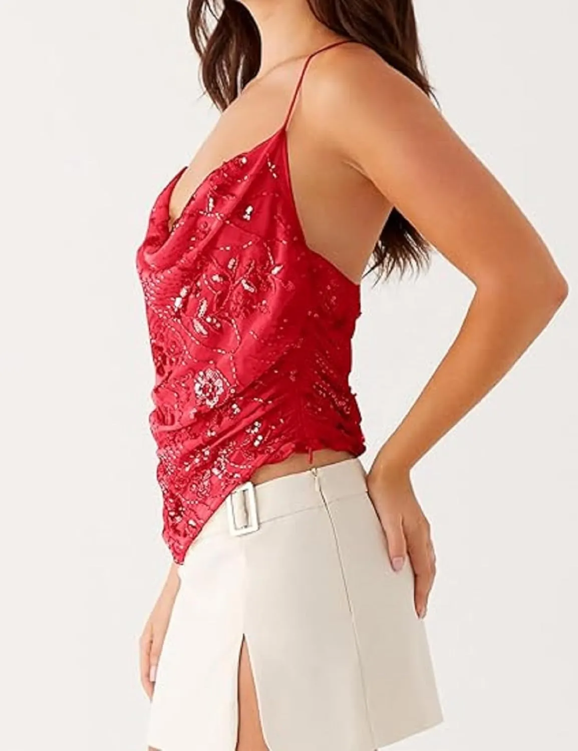 Y2K Halter Sequin Sparkly Tops for Women Cute Backless Rhinestone Pearl Camisole Low Cut Sleeveless Going Out Tops